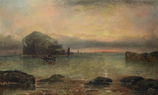 English School c.1890 Coastal landscape with shipping and Bass Rock in the distance, 30 x 48in.
